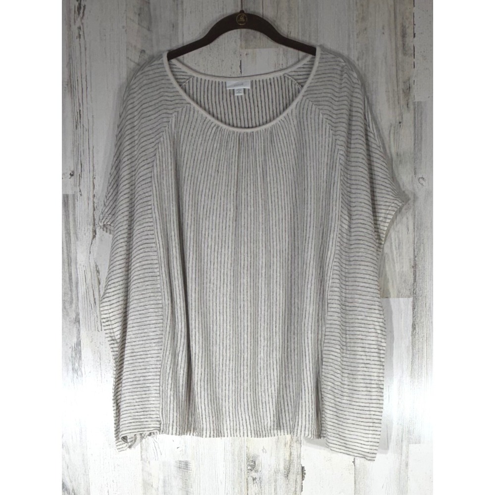 Pure Jill Linen Blend Top Size 2X Striped Ivory Grey Relaxed Fit Scoop Neck